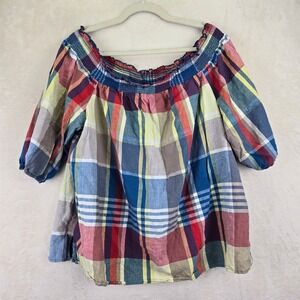 Lane Bryant Linen Plaid Off Shoulder Top 14/16 Multicolor Fall Colorful Bohemian